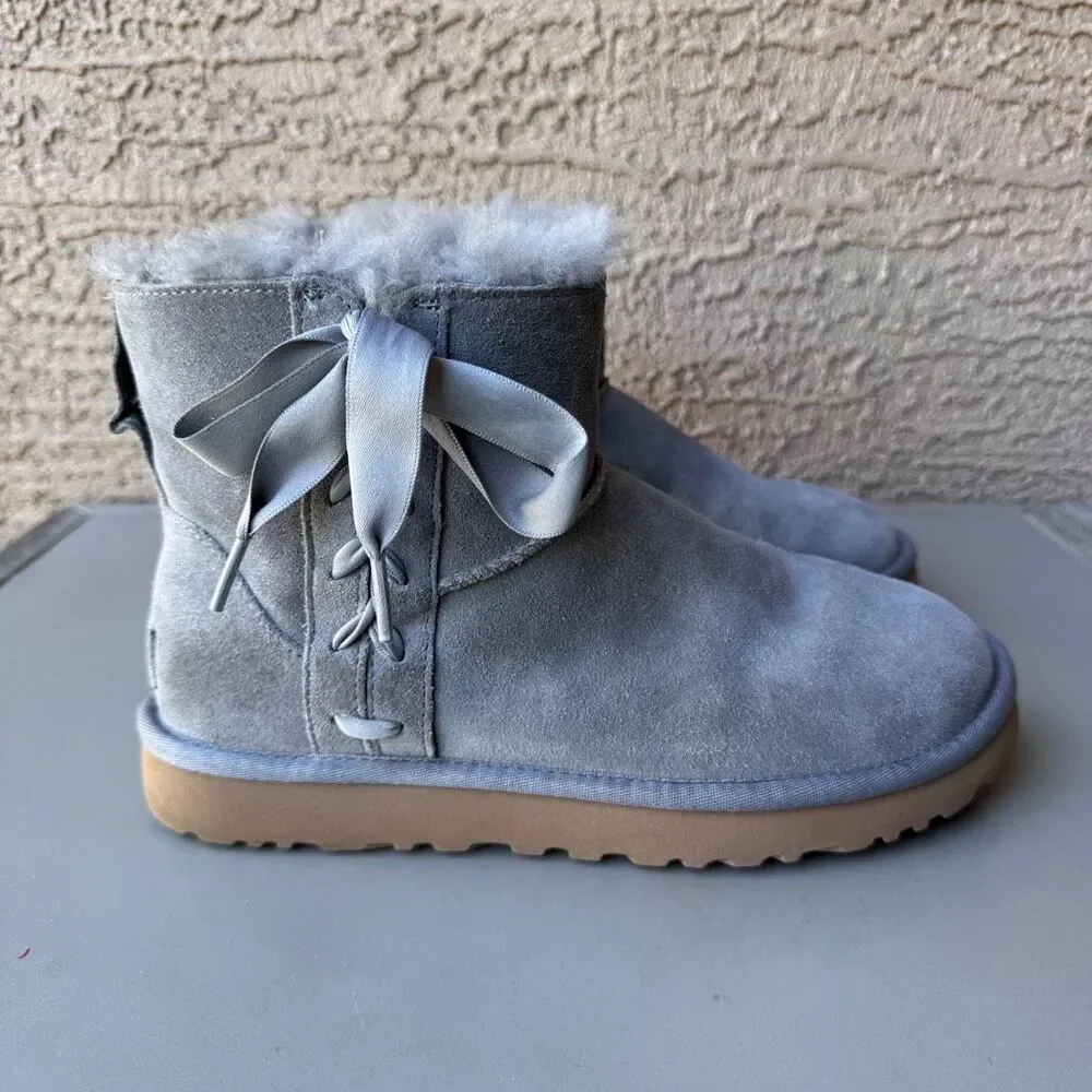 UGG Lace Mini Boots Womens 8 Gray Suede Corset Bow Classic Shearling Pull On